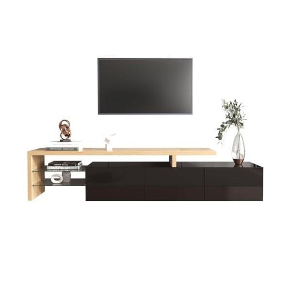 NIKKHO Meuble TV moderne avec étagères en verre - Élégant et élégant - Avec espace de rangement - Aspect bois brillant - Pour
