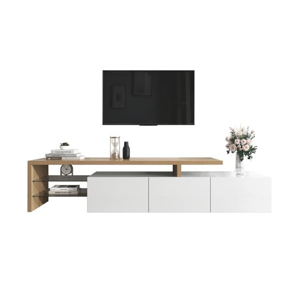 NIKKHO Meuble TV moderne avec étagères en verre - Élégant et élégant - Avec espace de rangement - Aspect bois brillant - Pour