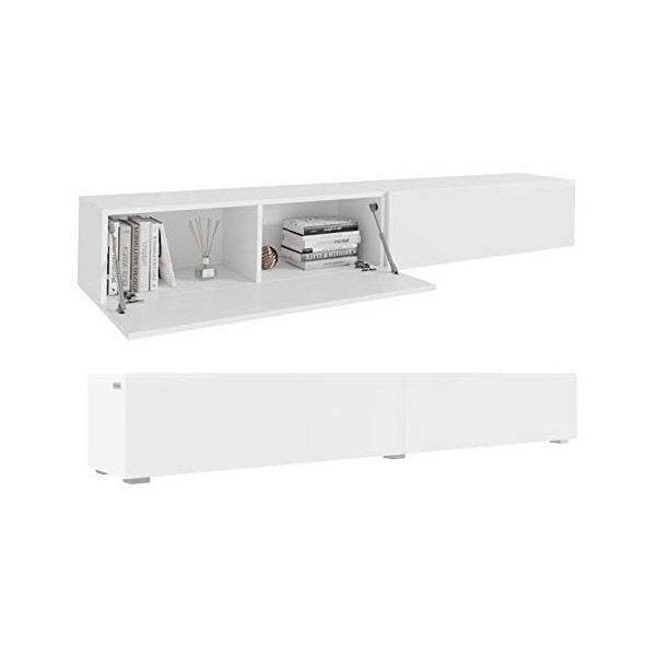 PLATAN ROOM Meuble TV Bas 210 2 x 105 cm avec étagère Murale Brillante Blanc Mat/Blanc Mat 