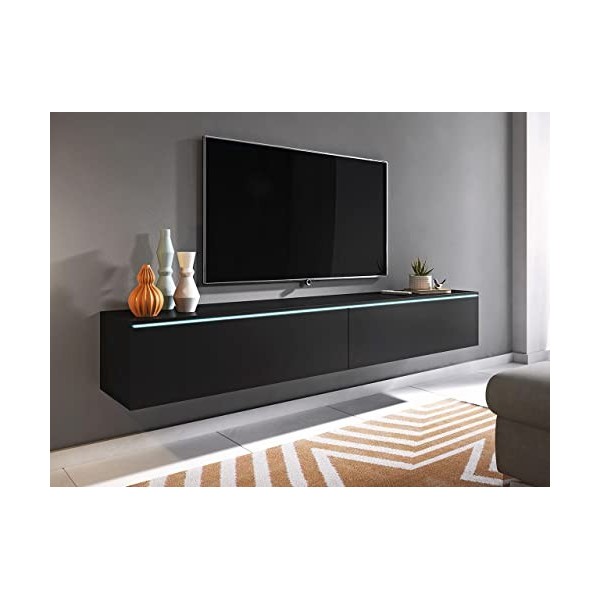 Meuble TV Stone - Meuble TV bas - Ouverture sans poignée - Meuble suspendu brillant - Noir graphite - Modèle 180 - Avec éclai
