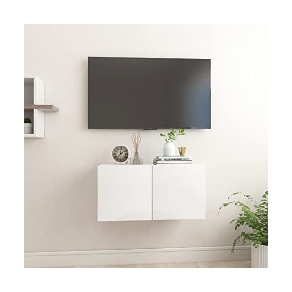 FAMIROSA Meuble TV Suspendu Blanc Brillant 60x30x30 cm-10.5KG