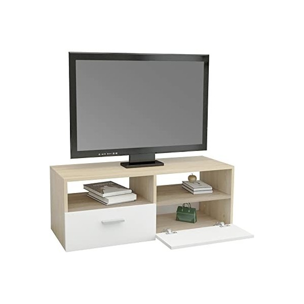 ML-Design Meuble Bas TV, Blanc/Naturel, 95x36x35 cm, Panneau de Particules MDF Finition Mélaminée, avec 2 Portes Pliantes et 