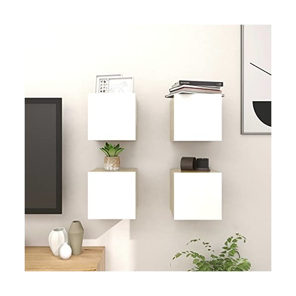 DCRAF Centres de divertissement et supports TV, meubles TV muraux 4 pièces, blanc et chêne sonoma, 30,5 x 30 x 30 cm