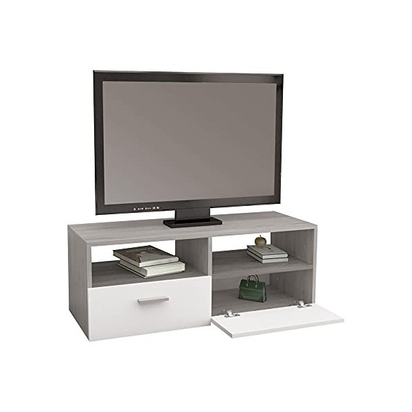 ML-Design Meuble Bas TV, Blanc/Naturel, 95x36x35 cm, Panneau de Particules MDF Finition Mélaminée, avec 2 Portes Pliantes et 