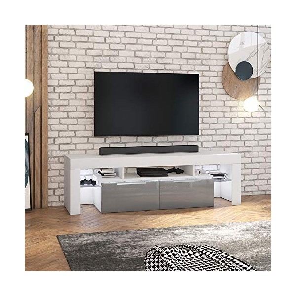 Selsey - VERGON - Meuble TV - Blanc Mat/Gris Brillant - avec LED