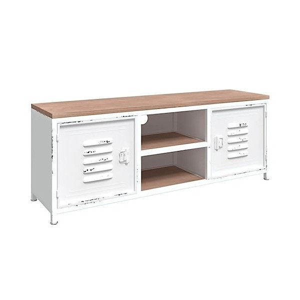 FAMIROSA Meuble TV Blanc 110x30x40 cm Fer et Bois de Sapin Massif 15.91KG