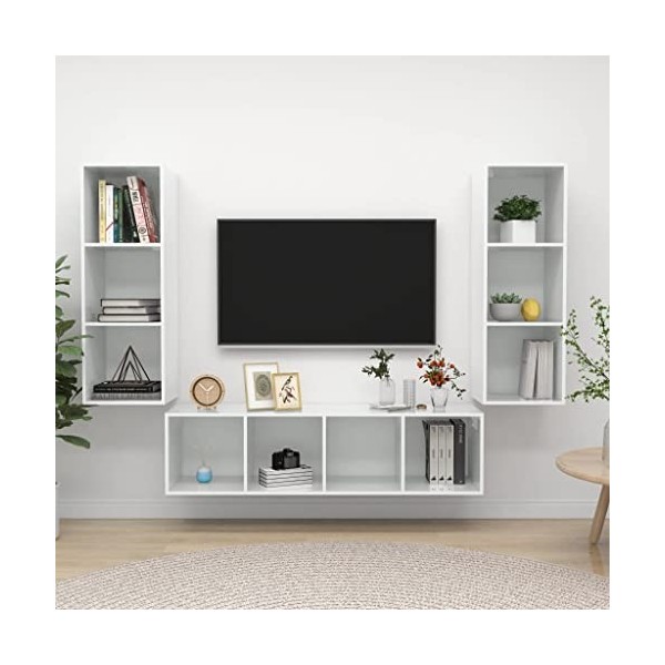 lvssiao Modulo TV Meuble de salon Ensemble de meuble TV 3 pièces aggloméré Blanc brillant Table TV facile à nettoyer pour cha