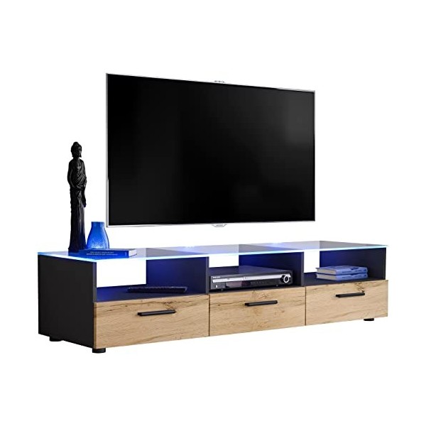ExtremeFurniture T35 Meuble TV, Carcasse en Noir Mat/Façade en Wotan Mat + LED Bleues