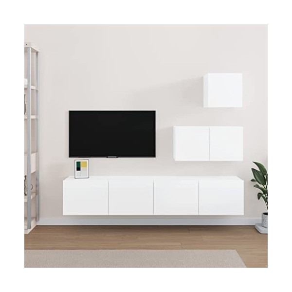 heybb Ensemble de Meubles TV 4 pcs Blanc Brillant Bois dingénierie,Table Television Salon,Meuble TV Haut,Meuble Télé Haut