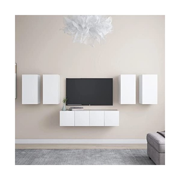 ZEYUAN Ensemble de Meuble TV 6 pcs Blanc Aggloméré,Meuble Haut Salon,Meuble dangle TV,Meuble TV Étagère