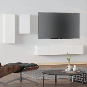 ARKEM Ensemble de Meubles TV 4 pcs Blanc Bois dingénierie,Meuble TV,Table Basse Salon Meuble TV,Table Basse LED Couleurs
