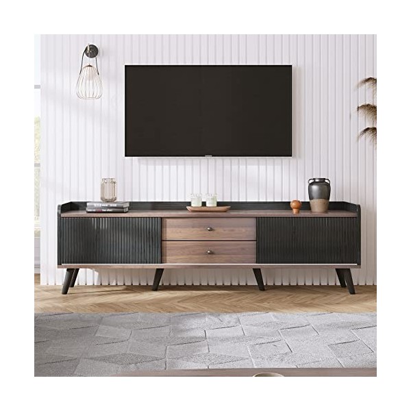 Meuble TV élégant avec portes coulissantes et tiroirs – Blanc et bois naturel, 58 x 160 x 40 cm H x L x P , noir