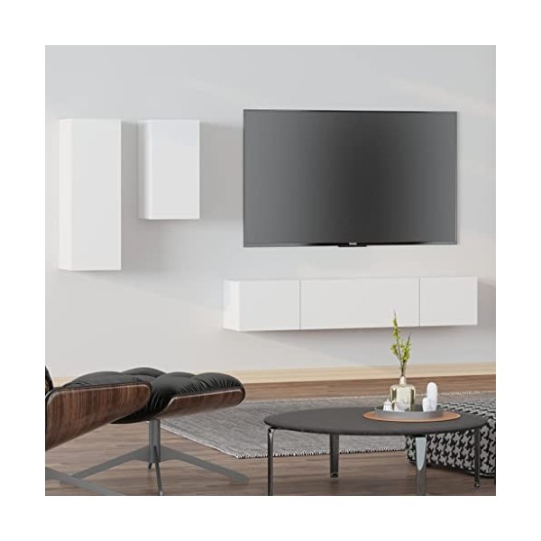 JUNZAI Ensemble de Meubles TV 4 pcs Blanc Bois dingénierie,Meuble TV,Table Basse Salon Meuble TV,Table Basse LED Couleurs