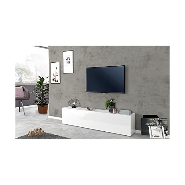 Dmora Meuble TV de salon, Made in Italy, Meuble TV avec 1 abattant, 180x30h40 cm, coloris blanc brillant