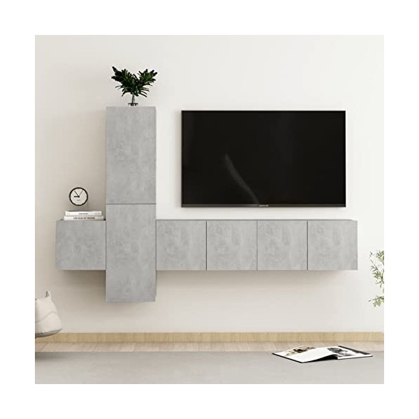 Tidyard Ensemble de Meubles TV Lot de 5 Gris béton Aggloméré, Banc TV avec Compartiments de Stockage, Montage Mural Support d