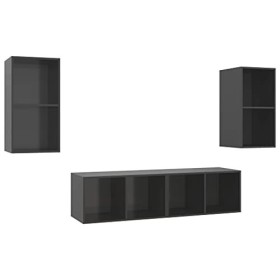 Meuble TV Suspendu avec Compartiments Ouverts 4pcs, Meuble de Rangement TV Table pour Salon, Elégance, Gris Brillant