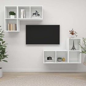 Meuble TV Suspendu avec Compartiments Ouverts 4 pcs, Meuble de Rangement TV Table pour Salon, Classique, Blanc Brillant