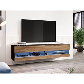 Vigo New Meuble TV bas, 180 cm, table TV, meuble TV, meuble suspendu, meuble TV noir/chêne Wotan, avec éclairage LED blanc 