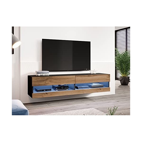 Vigo New Meuble TV bas, 180 cm, table TV, meuble TV, meuble suspendu, meuble TV noir/chêne Wotan, avec éclairage LED blanc 