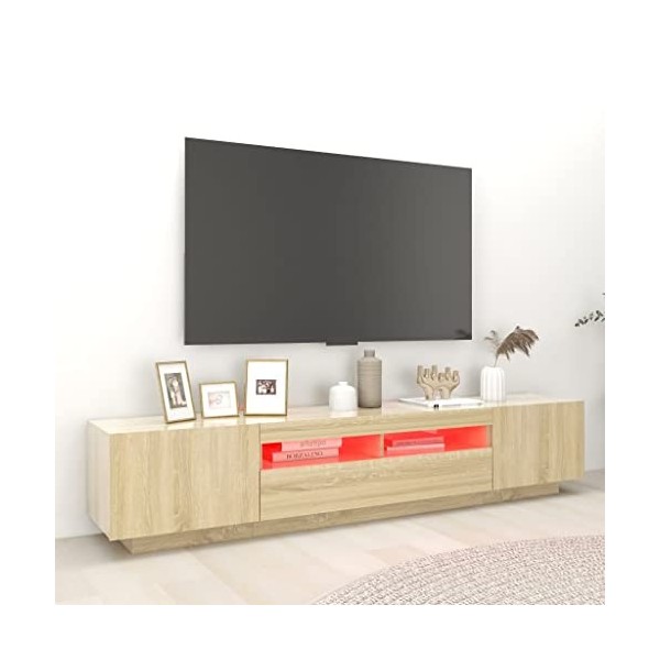 Hovothy Meuble TV avec Lumières LED RVB Chêne Sonoma 200x35x40 cm Aggloméré Décoration Salon Armoire Multimédia Rangement Amp