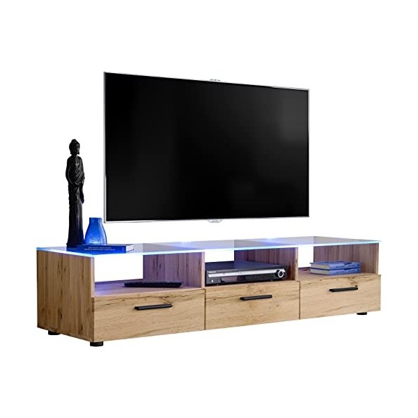 ExtremeFurniture T35 Meuble TV, Carcasse en Wotan Mat/Façade en Wotan Mat + LED Multicolores avec télécommande