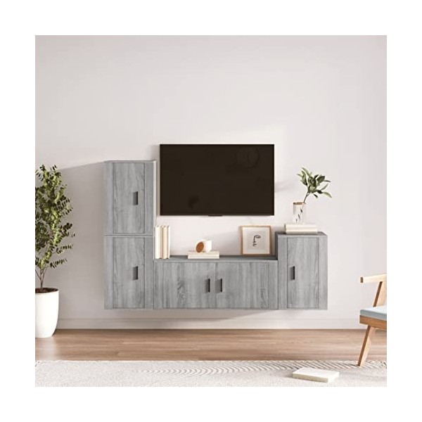 JUNZAI Ensemble de Meubles TV 4 pcs Sonoma Gris Bois dingénierie,Table Television Salon,Meuble Télé Haut,Meuble TV Haut