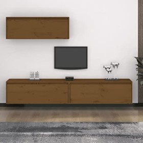 JUNZAI Meubles TV 3 pcs Marron Miel Bois Massif de pin,Meuble TV Longueur,Meubles De Salon TV,Meuble Bas Salon