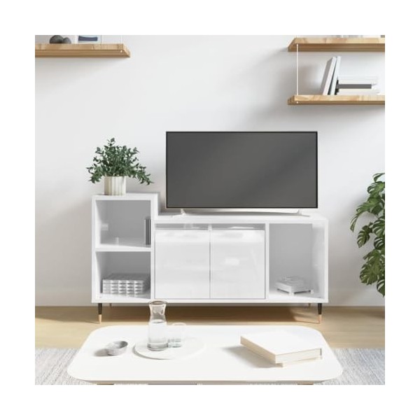 KEAAN Centres de divertissement et meubles TV, meuble TV blanc brillant, 100 x 35 x 55 cm, bois dingénierie