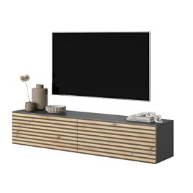 Selsey PAVAS - Meuble TV 140 cm Graphite avec façade à lamelles en chêne Artisanal et Inserts Graphite