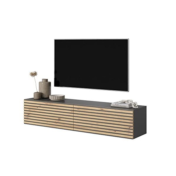 Selsey PAVAS - Meuble TV 140 cm Graphite avec façade à lamelles en chêne Artisanal et Inserts Graphite