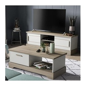 Calicosy Meuble TV 2 Portes Coulissantes Cottage - Blanc et Bois Clair - Panneaux de Particules - Sobre et Moderne - pour Sal