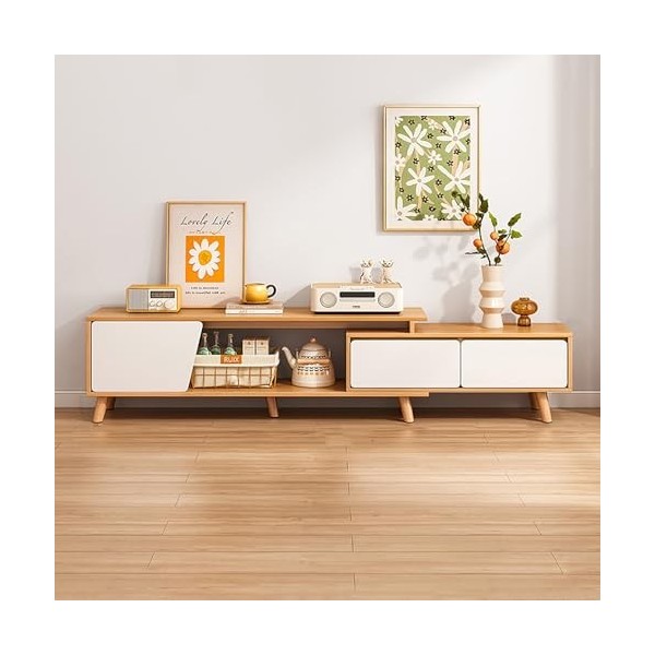 WOLWES Télescopique Meuble TV Meuble Tele avec Tiroirs Meuble Television Table TV Salon, Pieds en Bois Massif, pour Le Salon,
