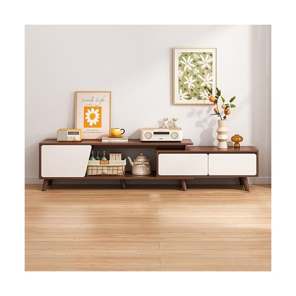 WOLWES Télescopique Meuble TV Meuble Tele avec Tiroirs Meuble Television Table TV Salon, Pieds en Bois Massif, pour Le Salon,