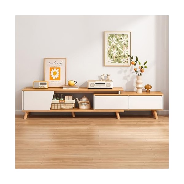 WOLWES Télescopique Meuble TV Meuble Tele avec Tiroirs Meuble Television Table TV Salon, Pieds en Bois Massif, pour Le Salon,