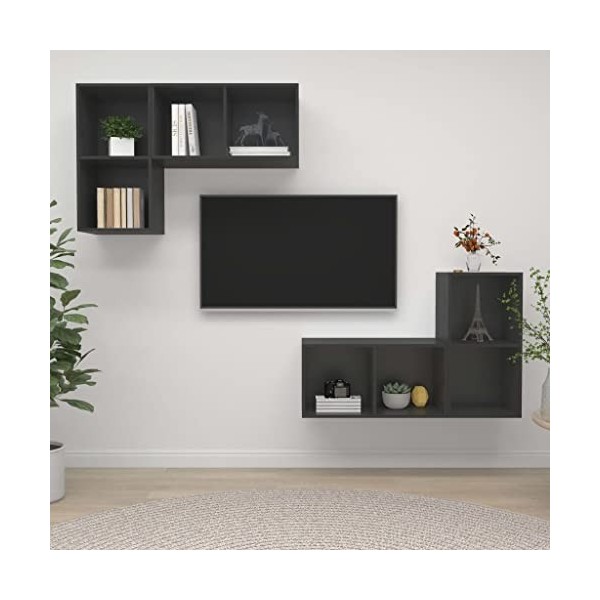 Table Télévision Basse, Simplicité et Élégance Meubles Muraux pour TV 4 pièces Gris Meuble TV Salon avec Grand Stockage