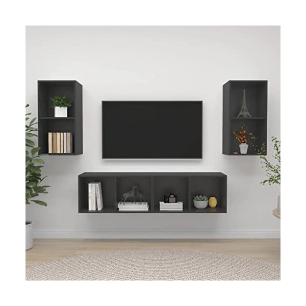 Table Télévision Basse, Simplicité et Élégance Meubles Muraux pour TV 4 Pièces aggloméré Gris Meuble TV Salon avec Grand Stoc