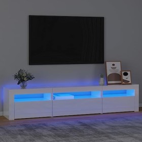 Meuble TV, Banc TV Support de Télévision Table TV Bas Armoire Basse Meuble TV avec lumières LED Blanc Brillant 195x35x40 cm
