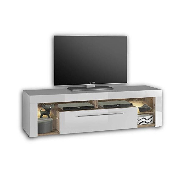 Stella Trading GOAL Banc TV en old style, blanc avec éclairage LED - Meubles TV de haute qualité avec beaucoup despace de ra