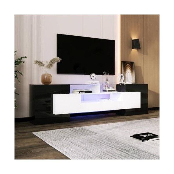 Sweiko Meuble TV, bas avec éclairage LED, commode avec beaucoup despace de rangement, meuble de salon de forme unique avec s