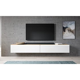 Furnix Lowboard Bargo Meuble TV Bas, Blanc, Commode de 200 x 34 x 32 cm l x h x p, sans éclairage LED, co.Porte 2 Compartimen
