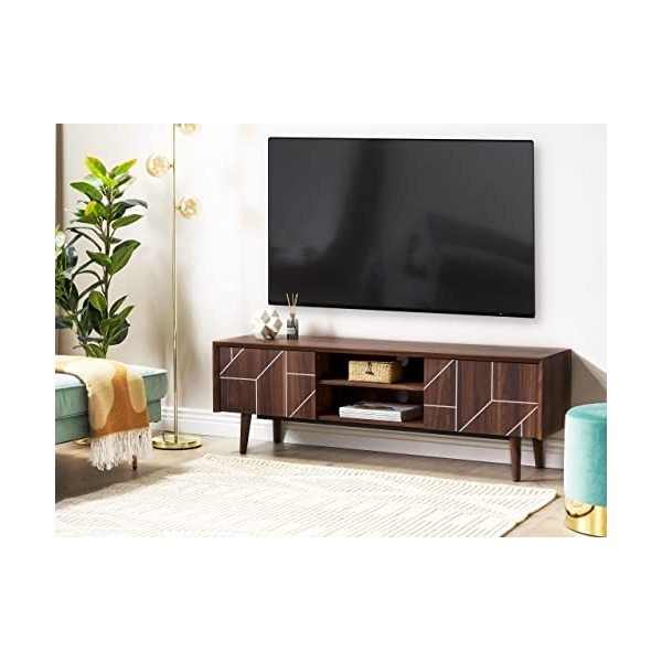 Meuble TV Bois Sombre à 2 Compartiments et 1 Étagère Trous pour Câbles Franklin