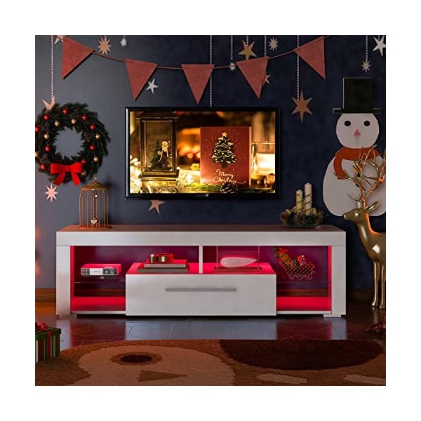GGMWDSN Meuble TV, Meuble TV en Blanc Brillant avec éClairage LED, Meuble TV de Haute Qualité avec Beaucoup dEspace de Range