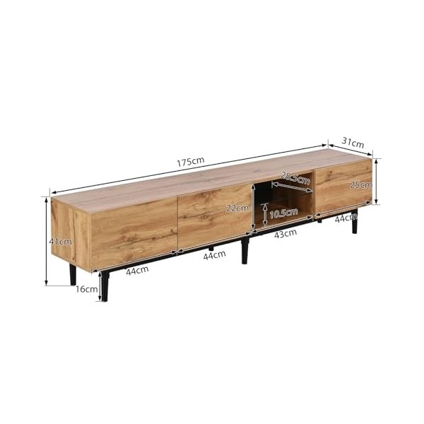 JOROBURO Meuble TV moderne avec grain de bois, console TV avec lumières LED et meuble de rangement, support multimédia multif