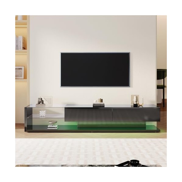 NIKKHO Meuble TV bas avec espace de rangement avec 2 tiroirs ouverts - Brillant - Avec parois en verre - Pour salon - 170 x 3