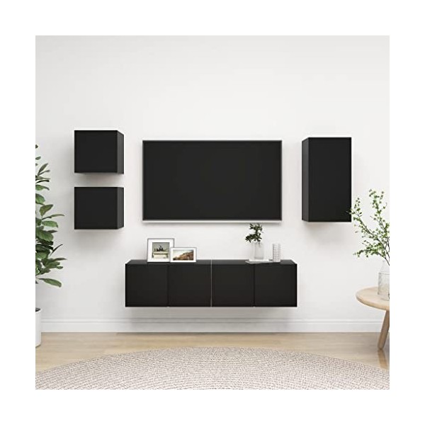 JUNZAI Ensemble de Meuble TV 5 pcs Noir Aggloméré,Meuble TV,Table Basse Salon Meuble TV,Table Basse LED Couleurs