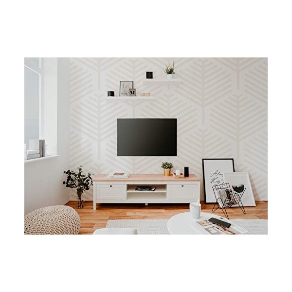 FINORI Landhaus Meuble TV 2 tiroirs avec Sortie de câble et Pieds en Acier Vieilli et Fermeture magnétique 160 x 45 x 40 cm