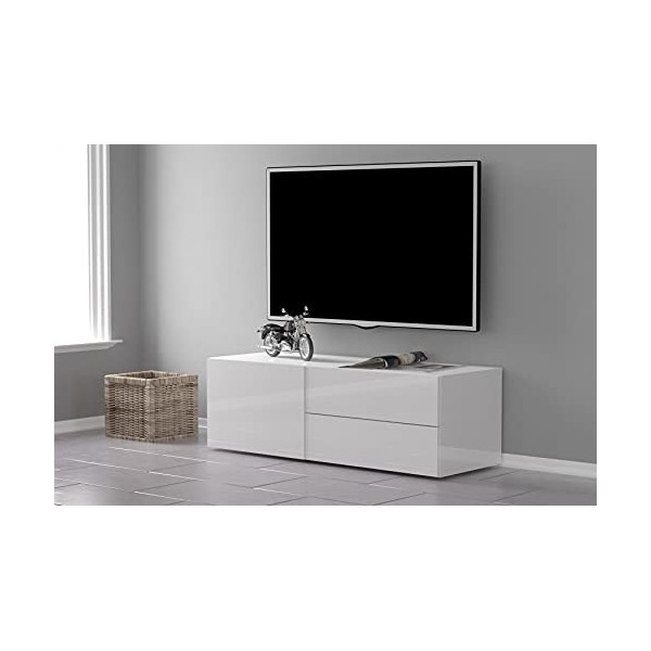 Dmora Meuble TV de salon, Made in Italy, Meuble TV avec 1 porte et 2 tiroirs, 110x40h35 cm, couleur blanc brillant