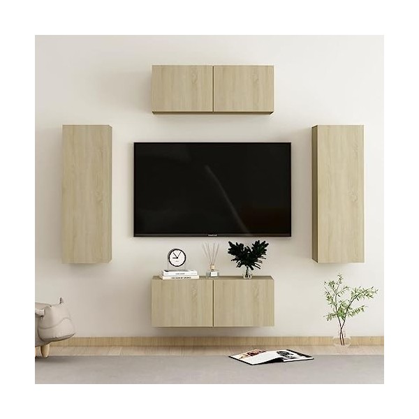 Tidyard Ensemble de Meubles TV Lot de 4 Noir Aggloméré, Banc TV avec Compartiments de Stockage, Montage Mural Support de Télé