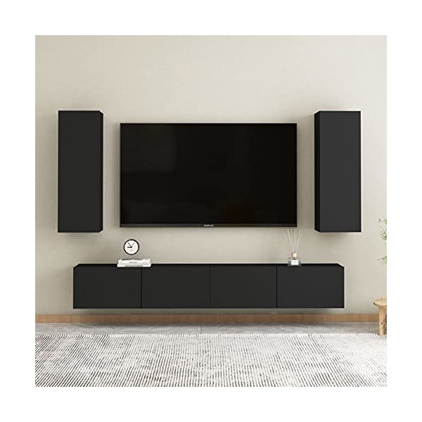 Tidyard Ensemble de Meubles TV Lot de 4 Noir Aggloméré, Banc TV avec Compartiments de Stockage, Montage Mural Support de Télé