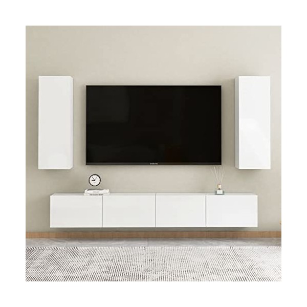 Tidyard Ensemble de Meubles TV Lot de 4 Noir Aggloméré, Banc TV avec Compartiments de Stockage, Montage Mural Support de Télé